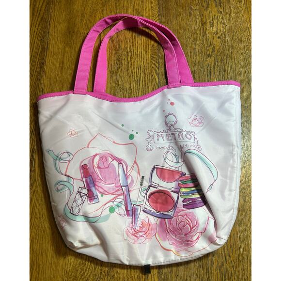 New! Lancôme Synthetic Straw Metro Tote in Pink + Black Drawstring Makeup Bag - Picture 3 of 8